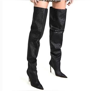 NWOB Good American The Weekend Black Glitter Thigh High Boots